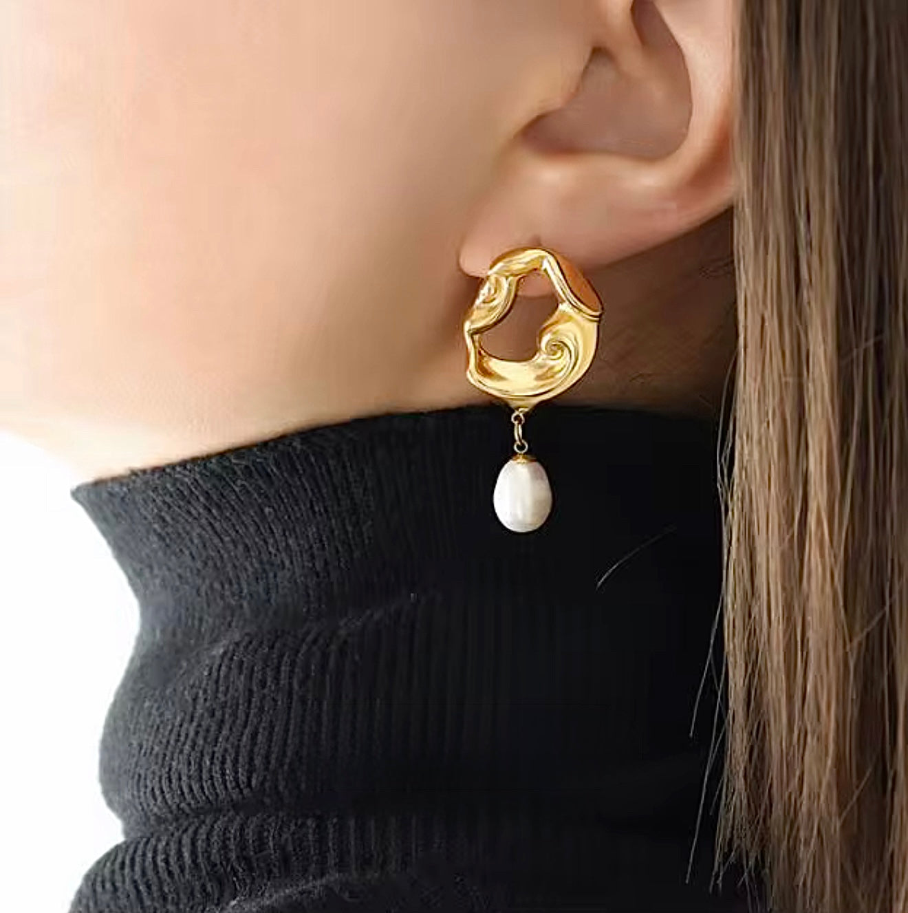 Abstract Metal Baroque Pearl Earrings