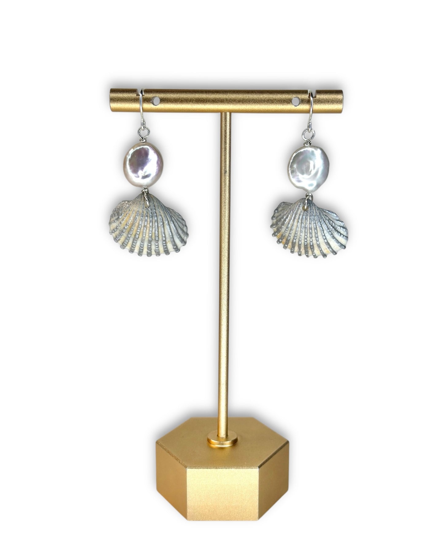 Silver Pearl of the Sea Shell Earrings