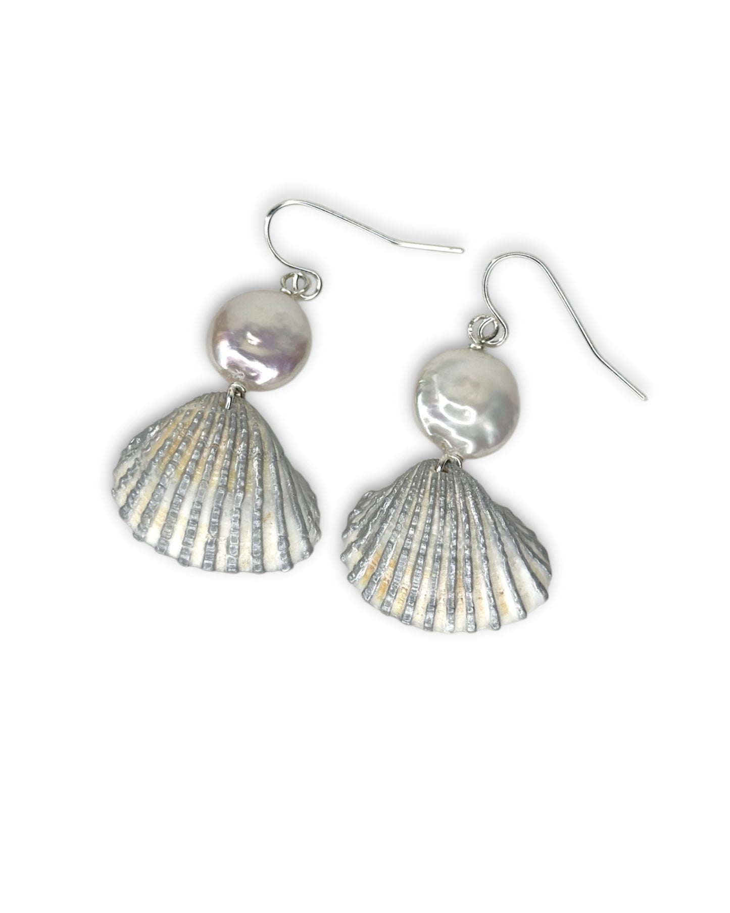 Silver Pearl of the Sea Shell Earrings
