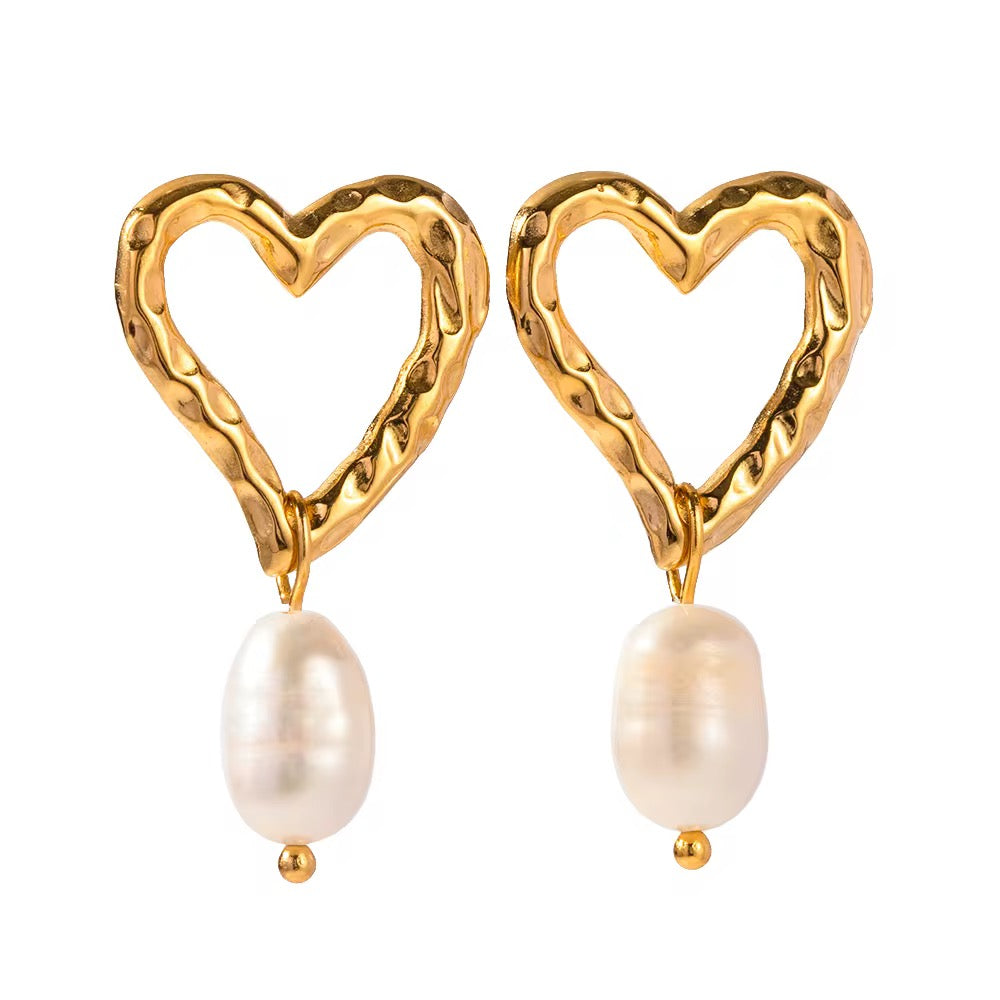 Golden Heart Pearl Drop Earrings