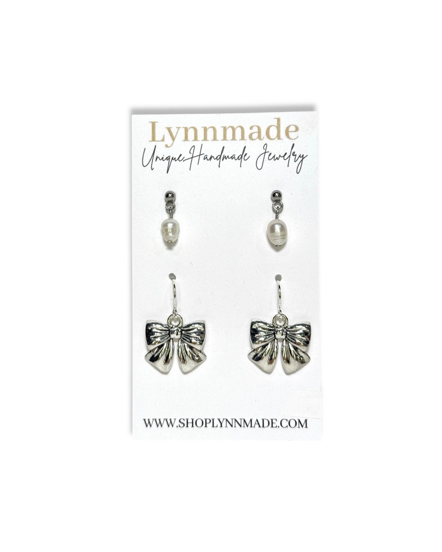 Dainty Pearl and Bow Earring Set