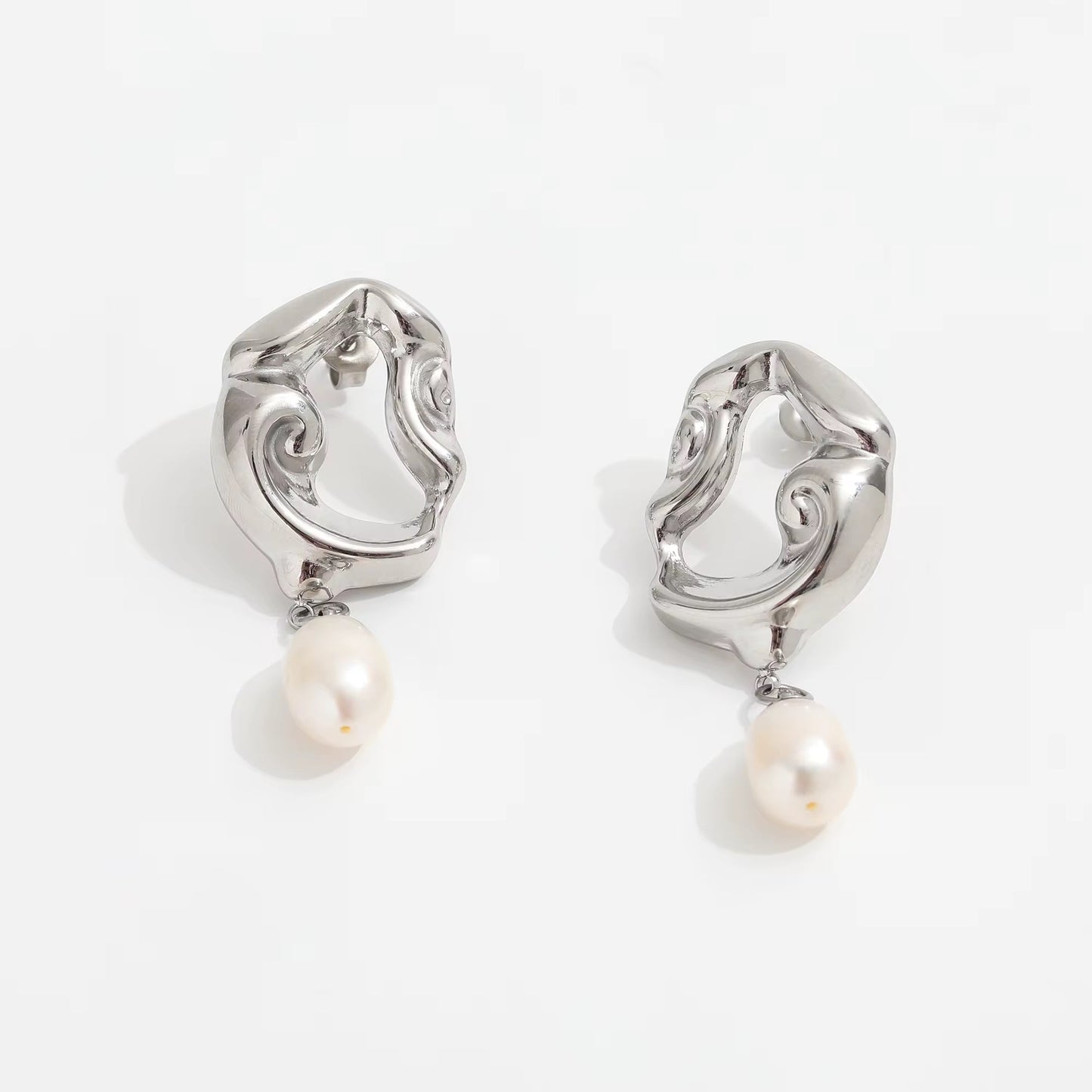 Abstract Metal Baroque Pearl Earrings