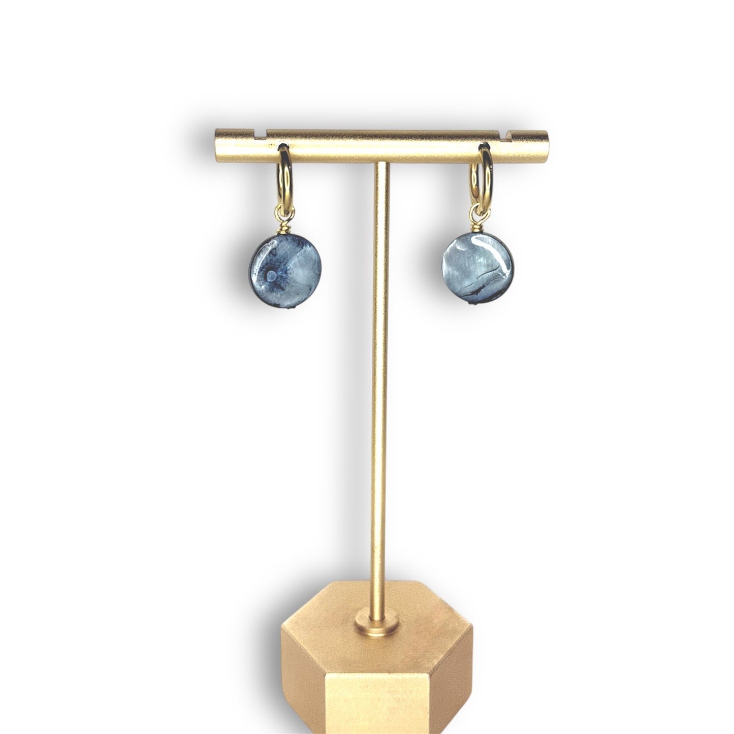 Blue Mother of Pearl Dangle Hoop Earrings