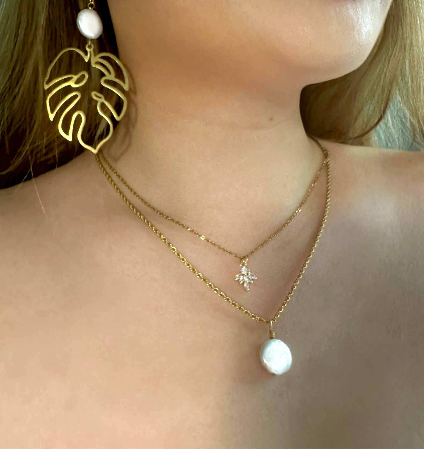 Monstera Leaf Pearl Earrings
