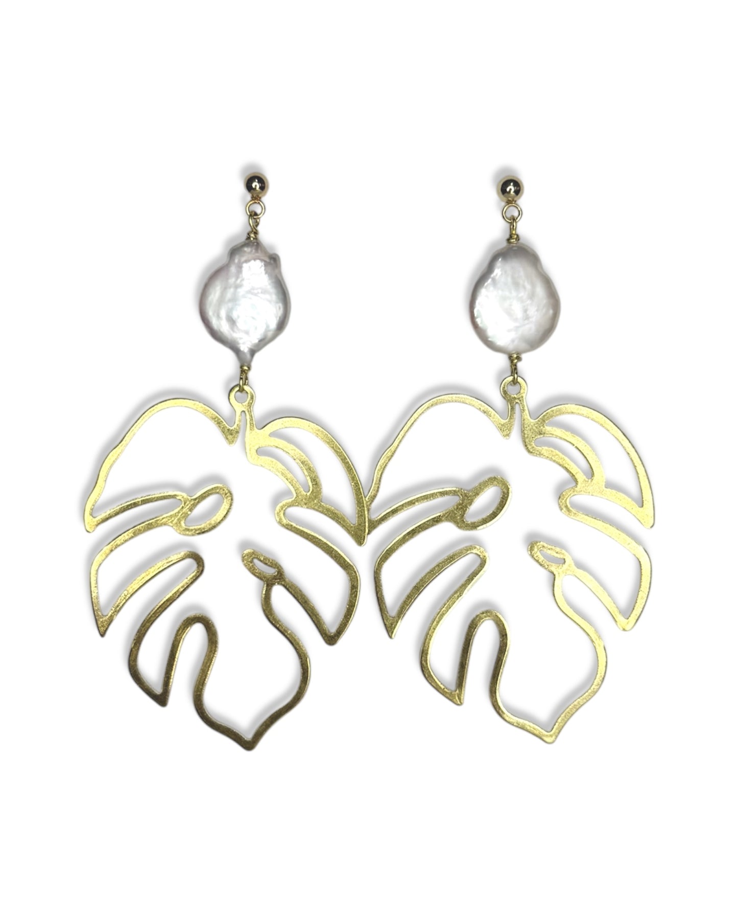 Monstera Leaf Pearl Earrings