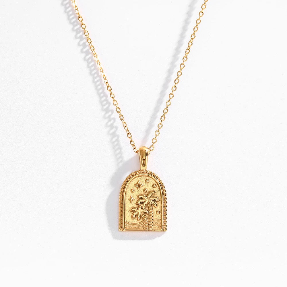 Golden Palm Oasis Necklace palm tree, necklace, waterproof necklace, 18 karat gold, plated palm tree necklace 