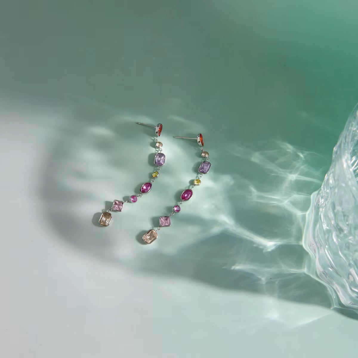 The Colorful Zircon Geometric Tassel Earrings