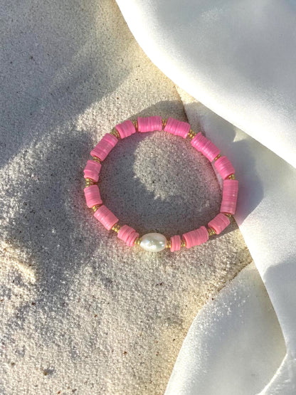 Paradise Pink Clay Bead Bracelet - Coastal Pearl Accented Jewelry