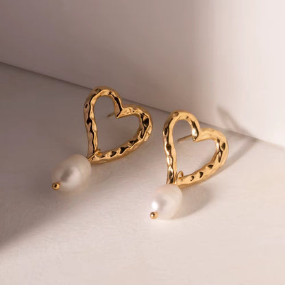Golden Heart Pearl Drop Earrings