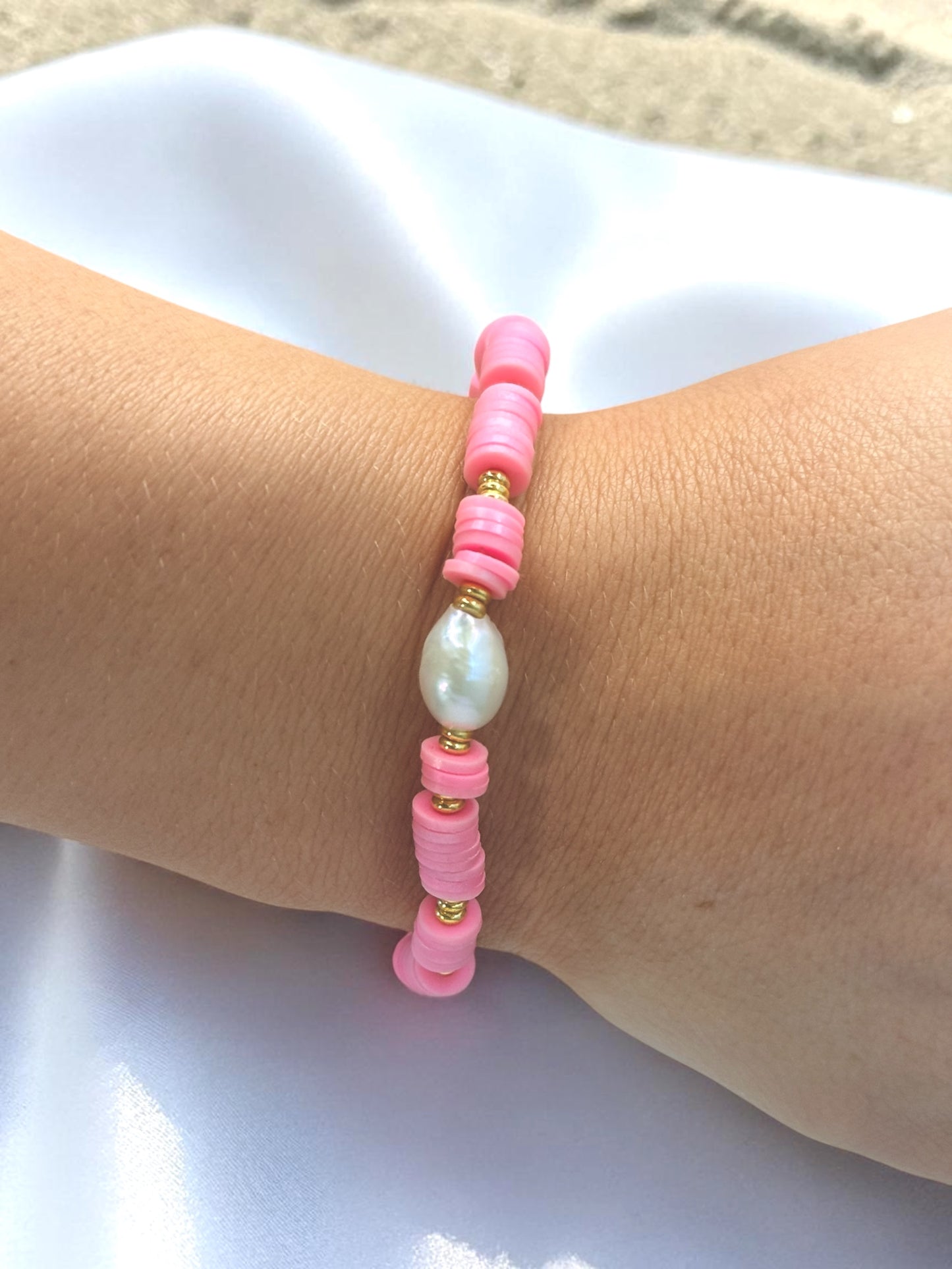 Paradise Pink Clay Bead Bracelet - Coastal Pearl Accented Jewelry