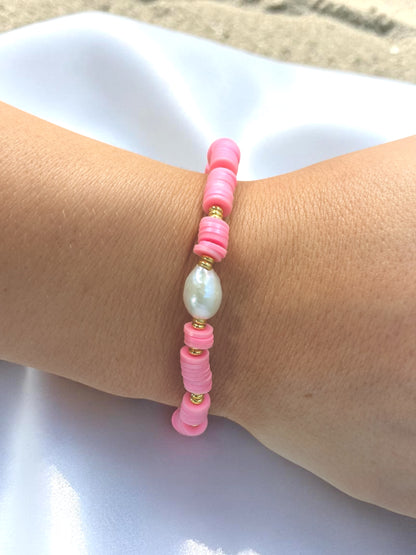 Paradise Pink Clay Bead Bracelet - Coastal Pearl Accented Jewelry