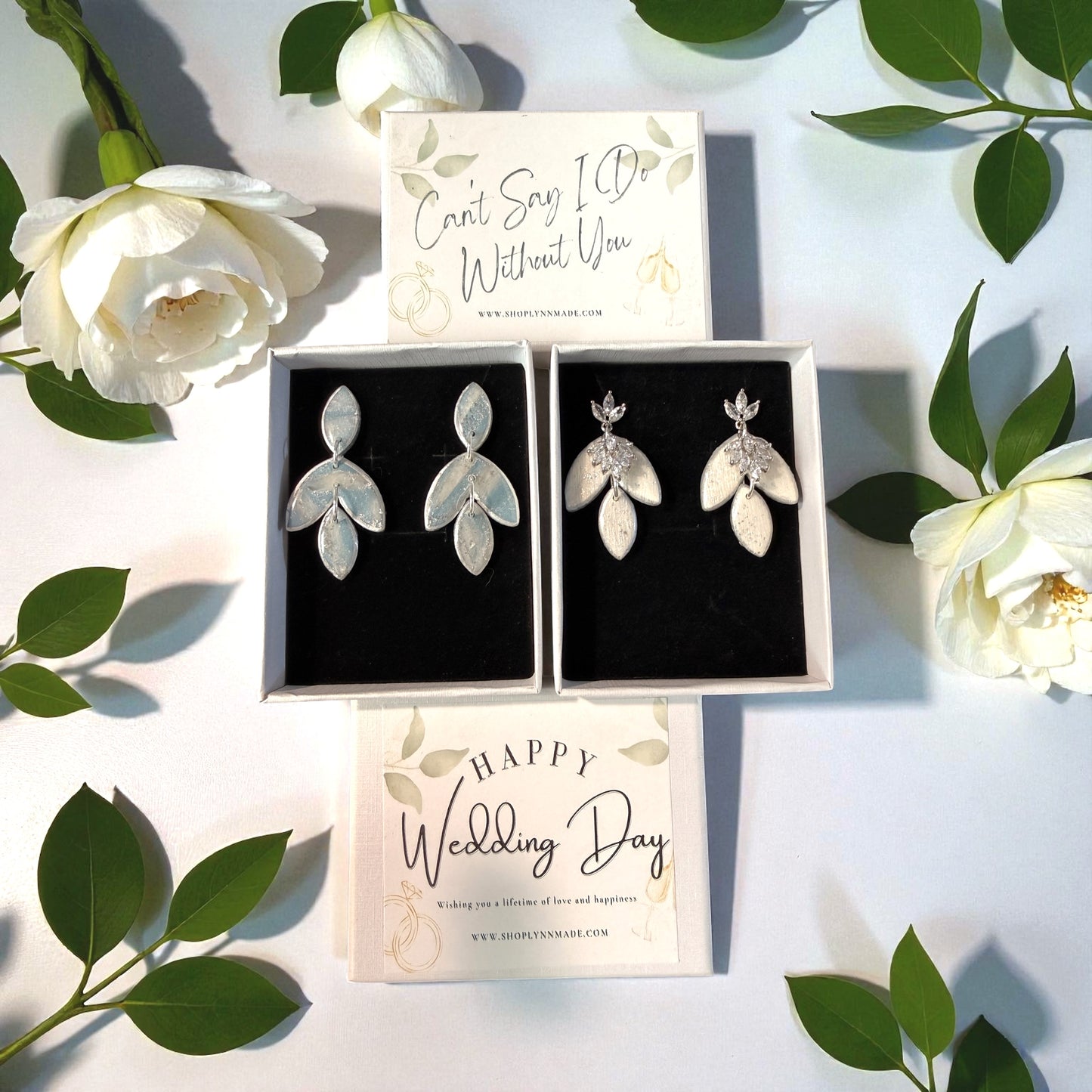 Dusty Blue & Sparkling White Marbled Bridal Earrings Set ￼