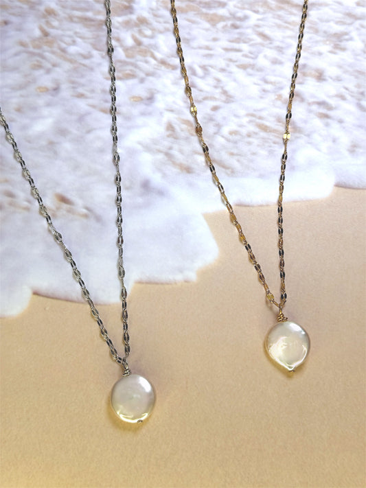 Freshwater Coin Pearl Necklace Silver or Gold