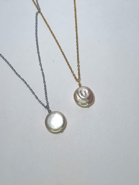 Dainty Freshwater Coin Pearl Necklace Silver or Gold