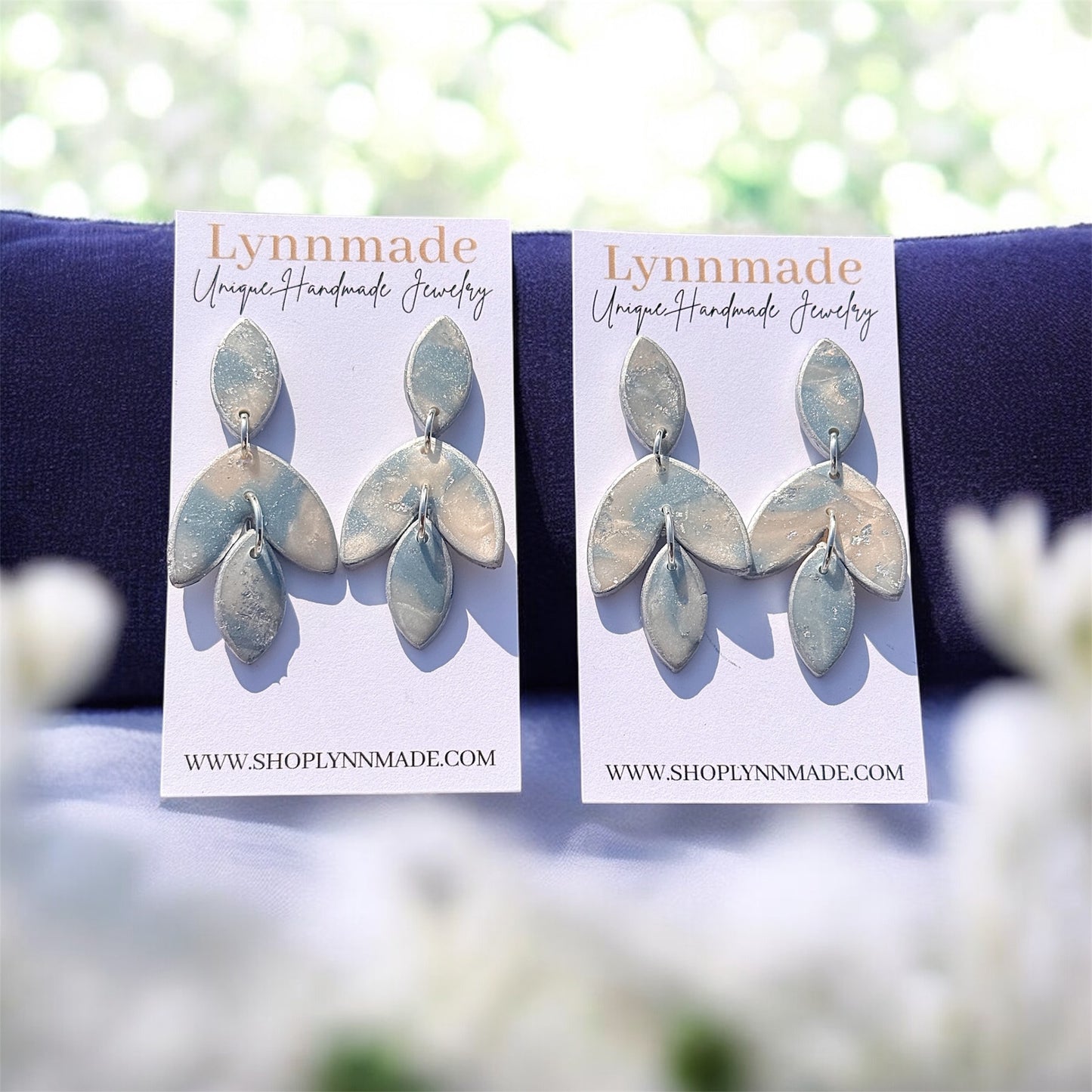 Dusty Blue & Sparkling White Marbled Bridal Earrings Set ￼