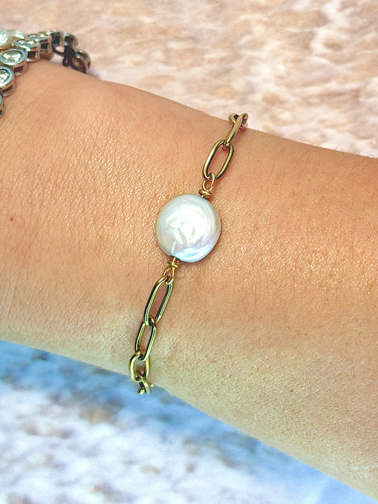 Paperclip Chain Coin Pearl Bracelet
