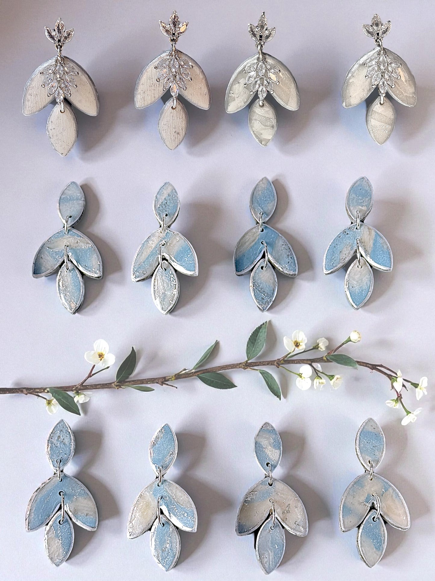 Dusty Blue & Sparkling White Marbled Bridal Earrings Set ￼