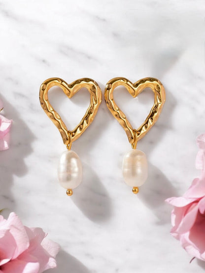 Golden Heart Pearl Drop Earrings