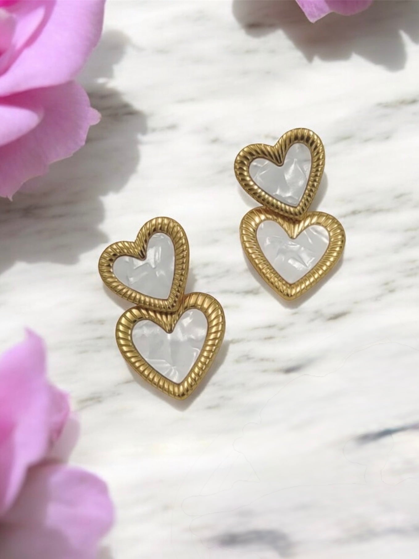 Mother of Pearl Double Heart Earrings