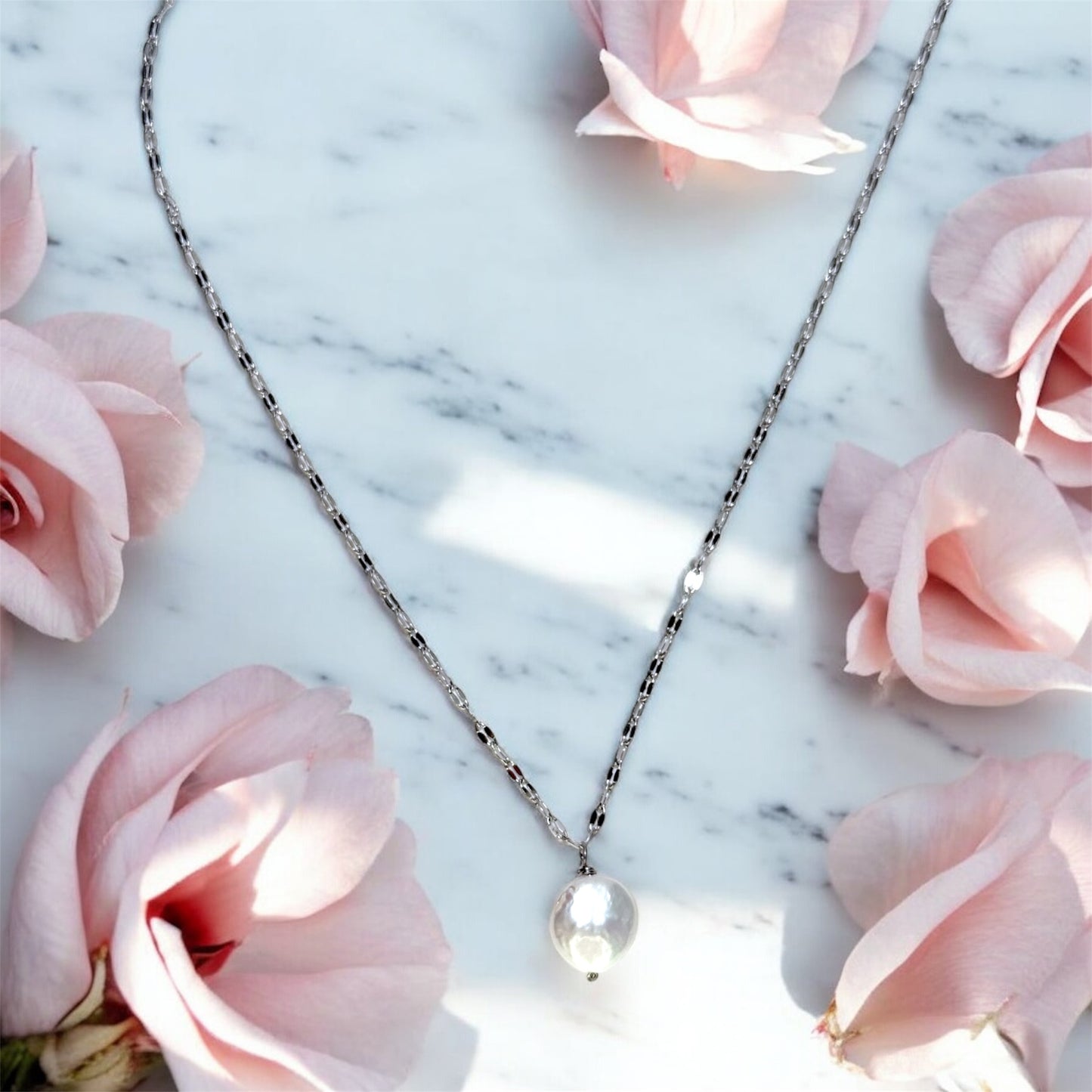 Freshwater Coin Pearl Necklace Silver or Gold