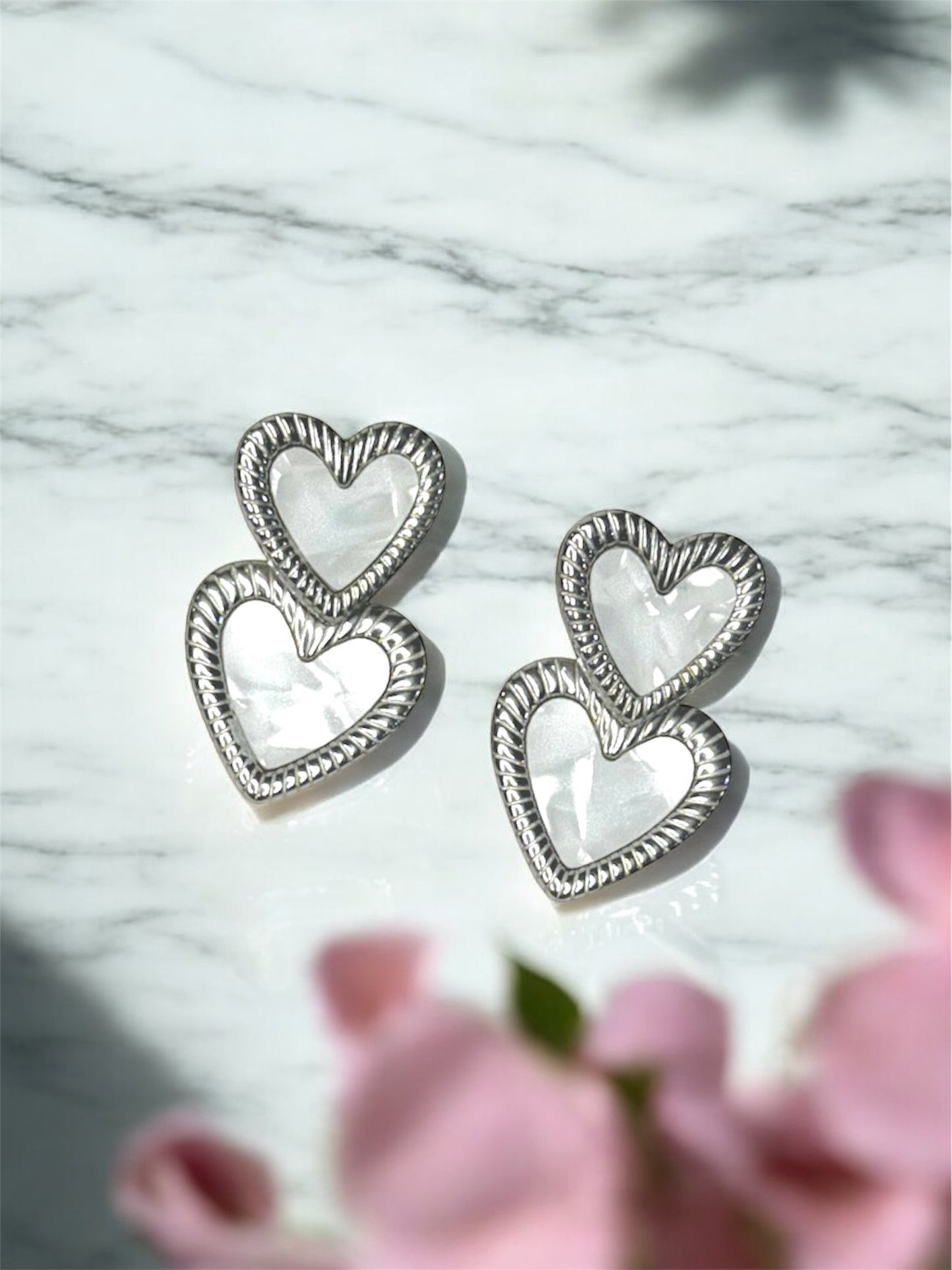Mother of Pearl Double Heart Earrings