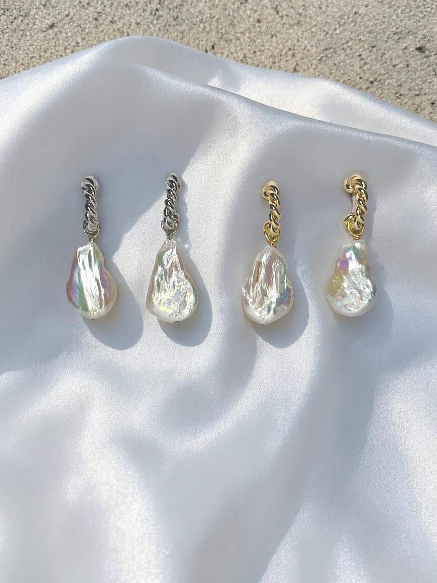 Baroque Pearl Twist Hoop Earrings available in golden & silver