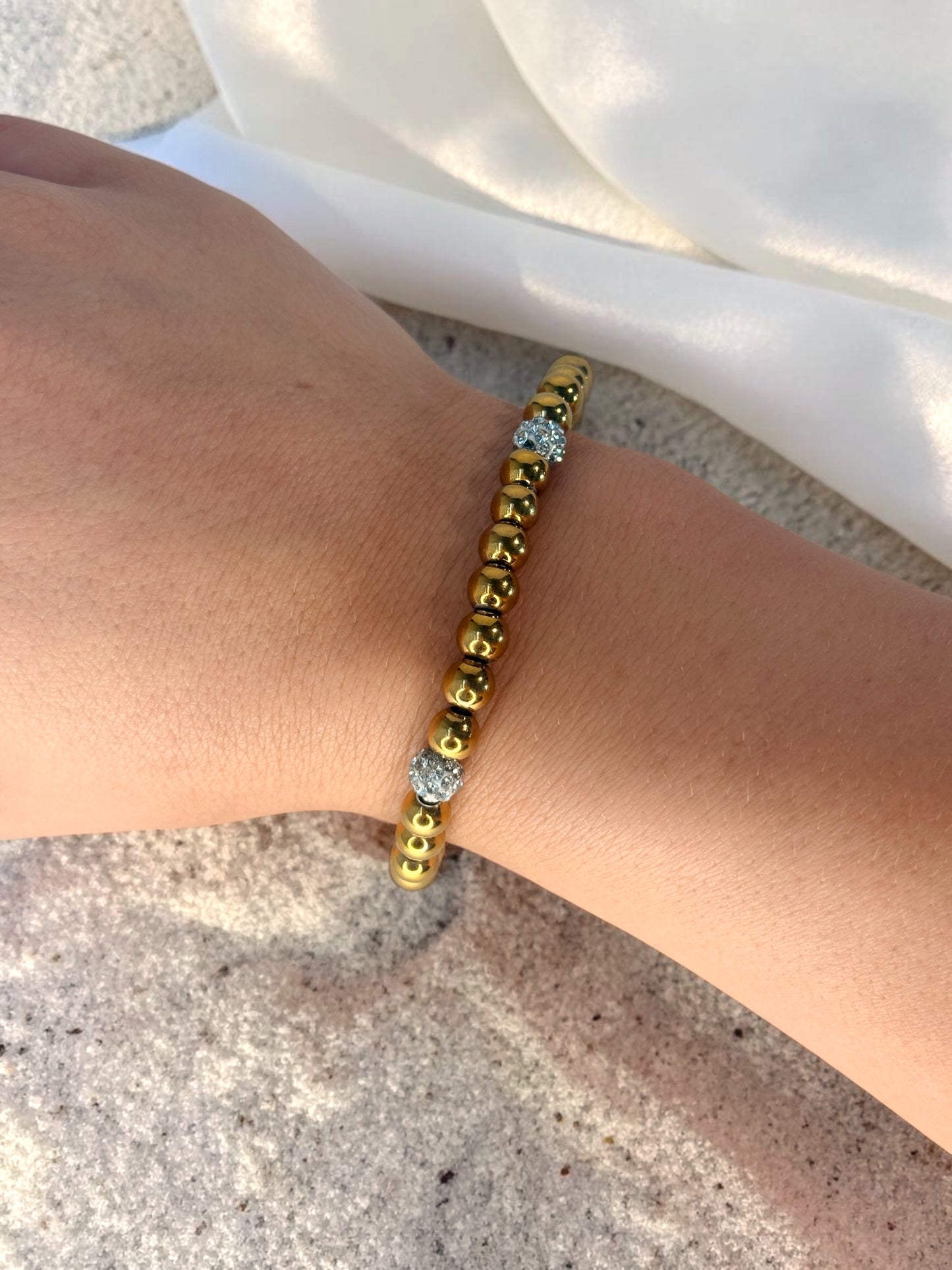 Gold Beaded Stretch Bracelet with Sparkling Pavé Accents