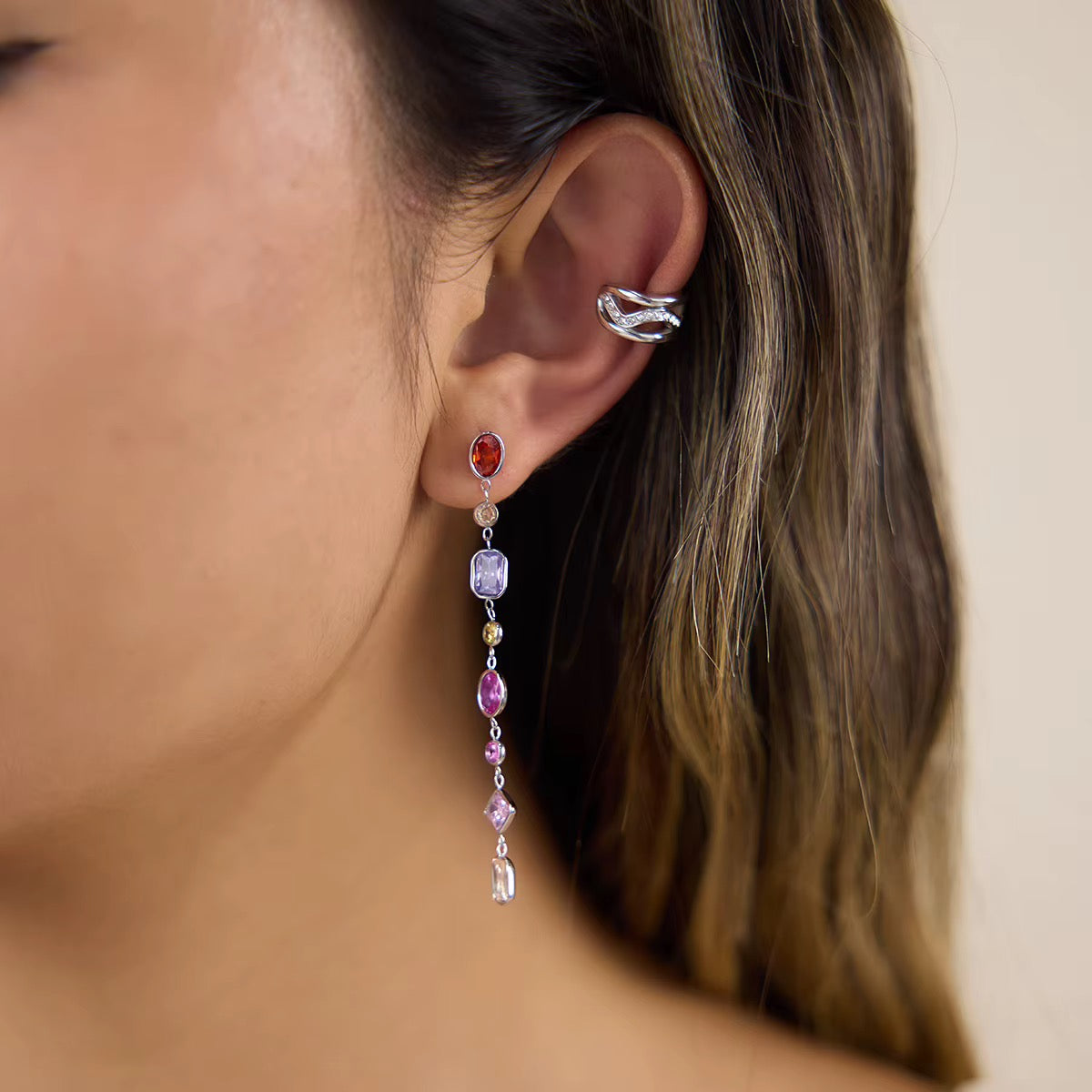 The Colorful Zircon Geometric Tassel Earrings